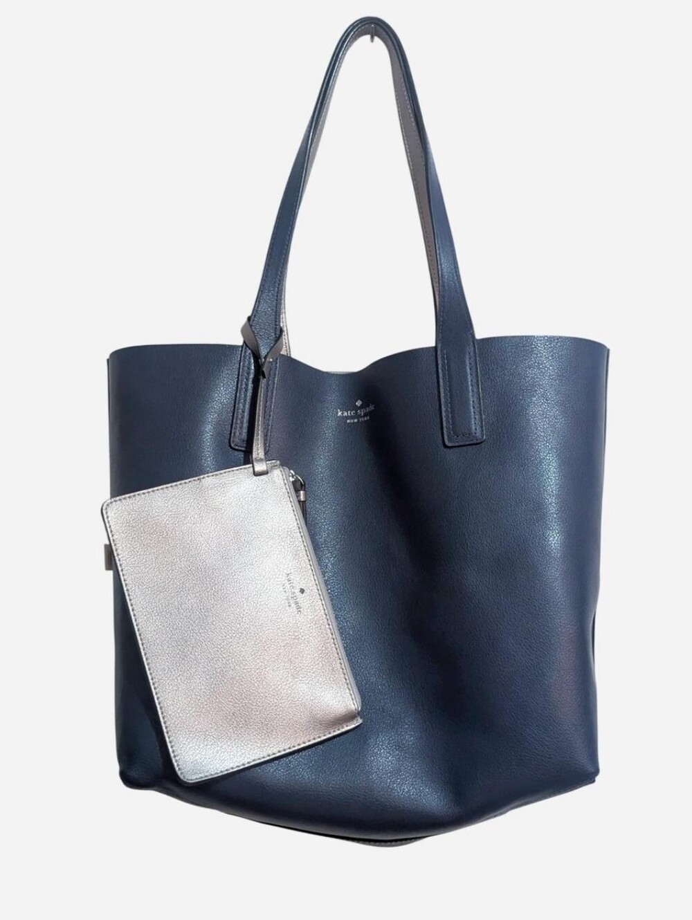 Kate Spade reversible tote bag Metallic silver or navy blue Wristlet